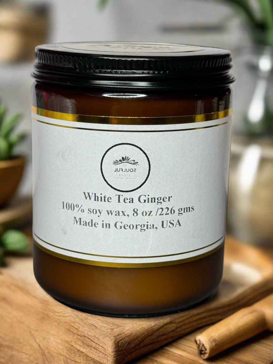 8 oz White Tea and Ginger  scented candle, 40 + hour burn, phthalate free, vegan, 100 % soy wax as gifts and interior design ideas, gift shop, gift card, gift store, gift ideas, home designer, interior designer near me, gift cards, interior design ideas, home decor inspiration, spring candle  collection