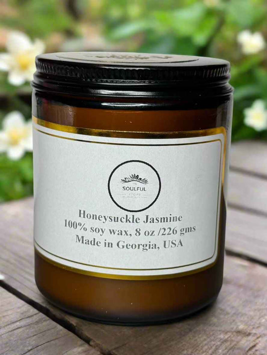 8 oz Honeysuckle Jasmine  scented candle, 40 + hour burn, phthalate free, vegan, 100 % soy wax as gifts and interior design ideas, gift shop, gift card, gift store, gift ideas, home designer, interior designer near me, gift cards, interior design ideas, home decor inspiration, spring candle  collection