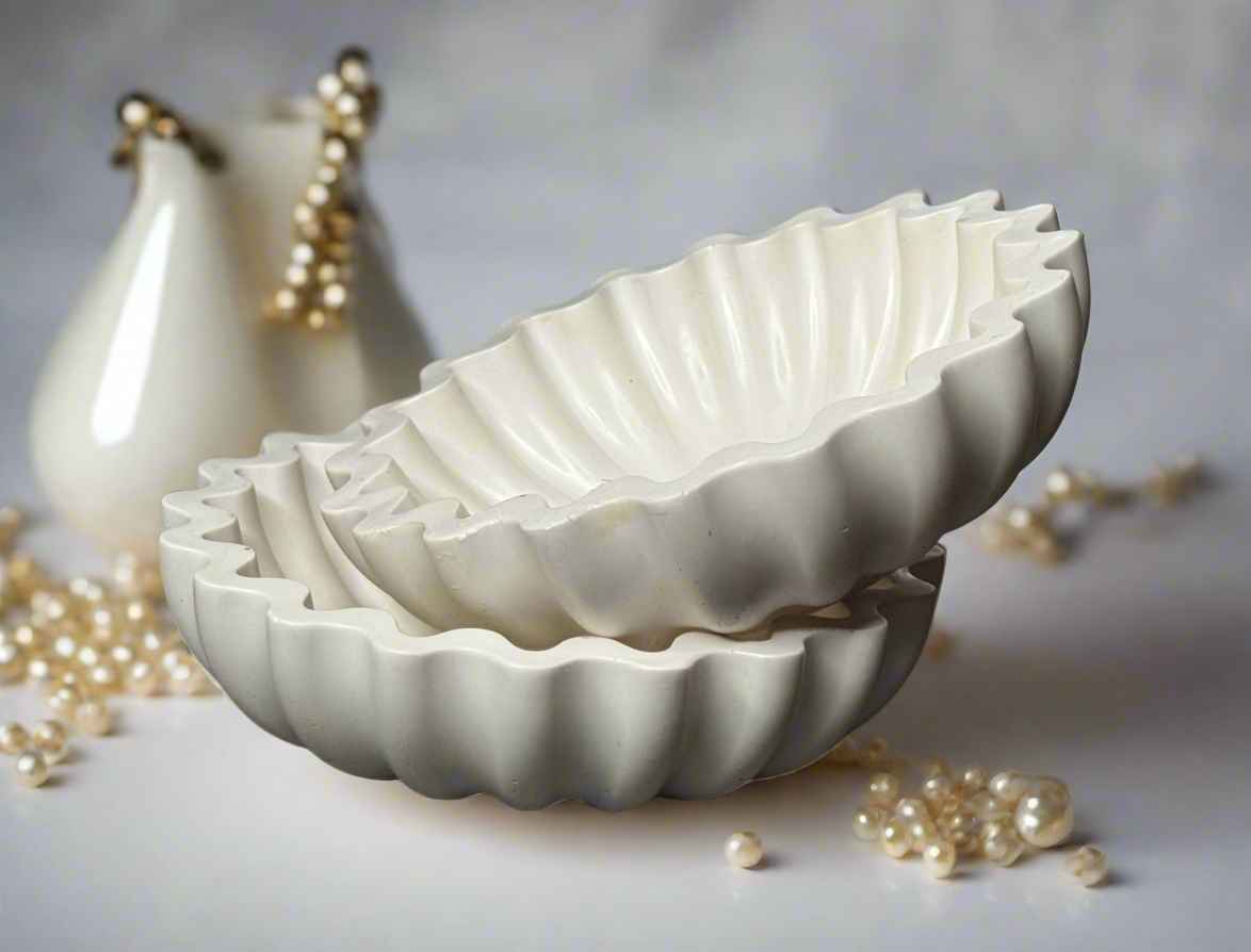 Decorative Shell-Shaped Concrete Bowls, 6 Inch, White, Set of 2, White with Gold Trim, gift shop, gift card, gift store, gift ideas, home designer, interior designers near me, shein gift cards, interior design ideas, gift cards